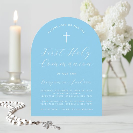 青い最初の聖体アーチシンプルのクロス手書き 招待状