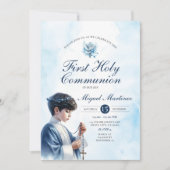 青い最初の聖体拝領の少年が祈る銀の十字架 招待状 (正面)
