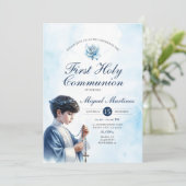 青い最初の聖体拝領の少年が祈る銀の十字架 招待状 (スタンド正面)