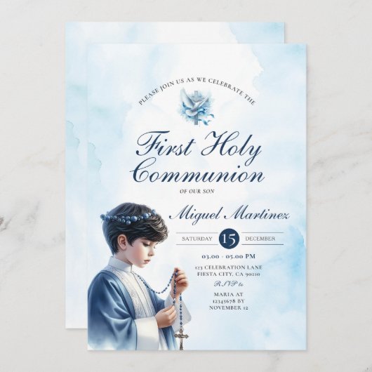 青い最初の聖体拝領の少年が祈る銀の十字架 招待状 (正面/裏面)