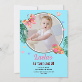 青い最初の誕生日バタフライ招待状と写真 招待状