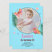 青い最初の誕生日バタフライ招待状と写真 招待状 (正面/裏面)