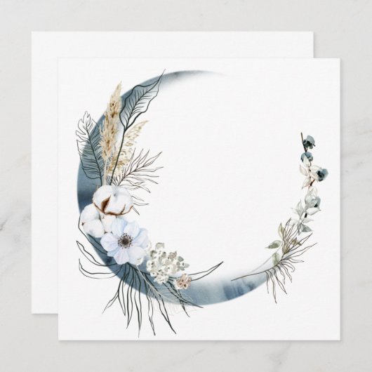 青い月が咲く花のフレームの招待状ラウンド 招待状 (正面/裏面)