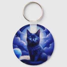 青い月を背景に黒い猫 キーホルダー