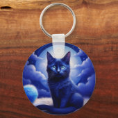 青い月を背景に黒い猫 キーホルダー (正面)