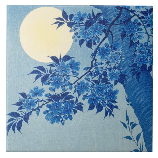 青い月夜の木: 日本の桜の夜 タイル (正面)