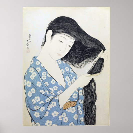 青い服の女性が髪をとかす、日本美術 ポスター (正面)