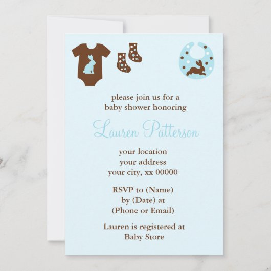 青い服の男の子ベビーシャワー 招待状 (正面)