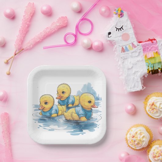 青い服を着たかわいいゴムアヒル ペーパープレート (パーティー)