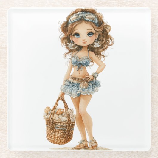 青い服を着たかわいい小さな夏の女の子 ガラスコースター (正面)
