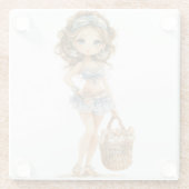 青い服を着たかわいい小さな夏の女の子 ガラスコースター (裏面)