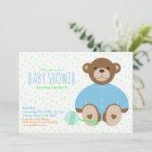 青い服を着たテディベアのベビーシャワー招待状 招待状 (スタンド正面)