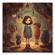 青い服を着た女の子が男の子と並んでいる