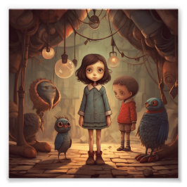 青い服を着た女の子が男の子と並んでいる フォトプリント           