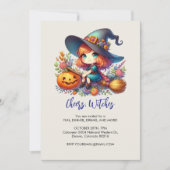 青い服を着た小さくてかわいい魔女、ハロウィン 招待状 (正面)