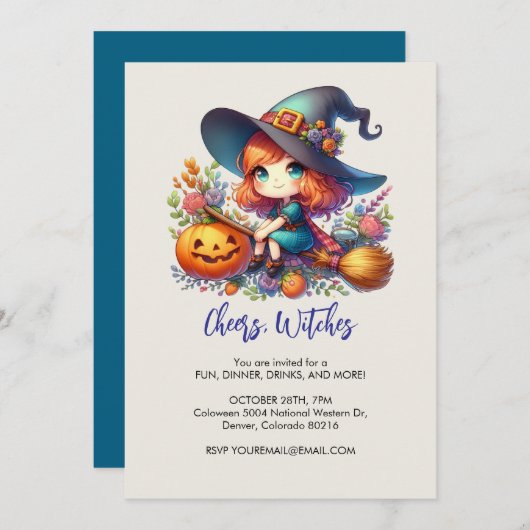 青い服を着た小さくてかわいい魔女、ハロウィン 招待状 (正面/裏面)