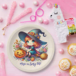 青い服を着た小さなかわいい魔女,ハロウィーン ペーパープレート