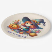 青い服を着た小さなかわいい魔女，ハロウィーン ペーパープレート (アングル)