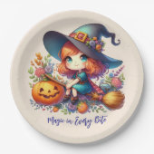 青い服を着た小さなかわいい魔女，ハロウィーン ペーパープレート (正面)