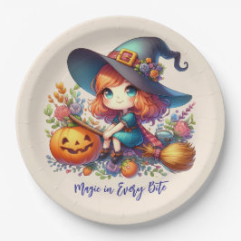 青い服を着た小さなかわいい魔女，ハロウィーン ペーパープレート