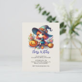 青い服を着た小さなかわいい魔女，ハロウィーン ポストカード (スタンド正面)