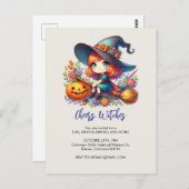 青い服を着た小さなかわいい魔女，ハロウィーン ポストカード (正面/裏面)