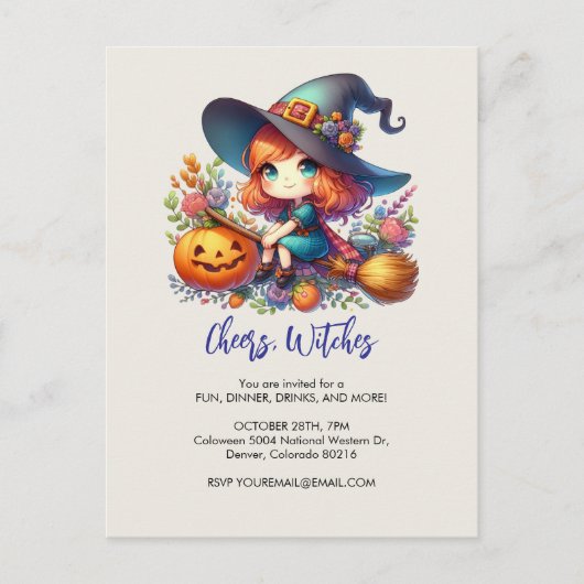 青い服を着た小さなかわいい魔女，ハロウィーン ポストカード (正面)