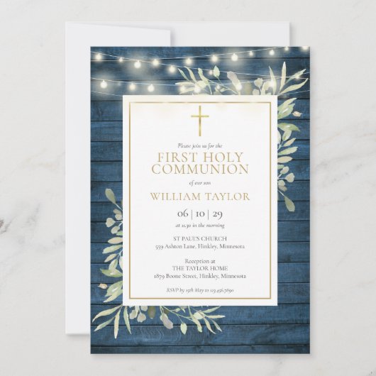 青い木が緑の最初の聖餐式を点灯 招待状 (正面)