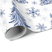 青い木と雪片の包み ラッピングペーパー (ロールコーナー)