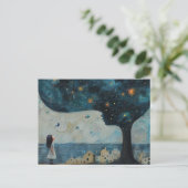 青い木と驚いた子供の小さな家シーサイド ポストカード (スタンド正面)