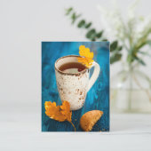 青い木に茶と紅葉のカップ ポストカード (スタンド正面)
