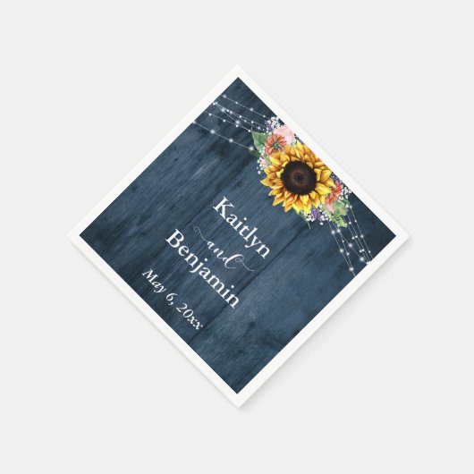 青い木のひまわりライト名と日付 スタンダードカクテルナプキン (角)