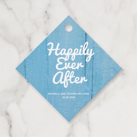 青い木のカスタム素朴結婚式の後に幸せに フェイバータグ (正面)