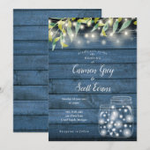 青い木のグリーン マーソンジャー ストリングライト ウェディング 招待状 (正面/裏面)