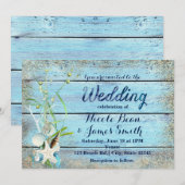 青い木のビーチトロピカル ウェディング 招待状 (正面/裏面)