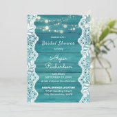 青い木のレースとストリングライトのウェディングシャワー 招待状 (スタンド正面)