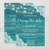 青い木のレースとストリングライトの変更日 招待状 (正面/裏面)