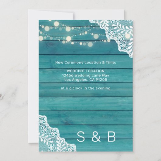 青い木のレースとストリングライトを変更する日 招待状 (裏面)