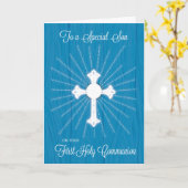 青い木の上で交差とレイの息子ファースト聖餐式 カード (黄色い花)