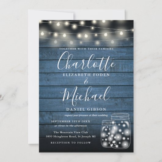 青い木の弦のライトメイソンの結婚写真 招待状 (正面)