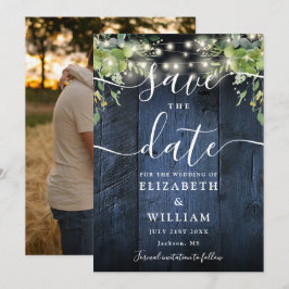 青い木の文字列ライト緑の結婚写真 セーブザデート