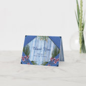 青い木の生地のテクスチャ上のピンクのグラフィックフラワー サンキューカード (正面)