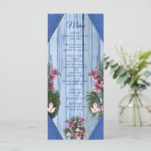 青い木の生地のテクスチャ上のピンクのグラフィックフラワー メニュー (スタンド正面)