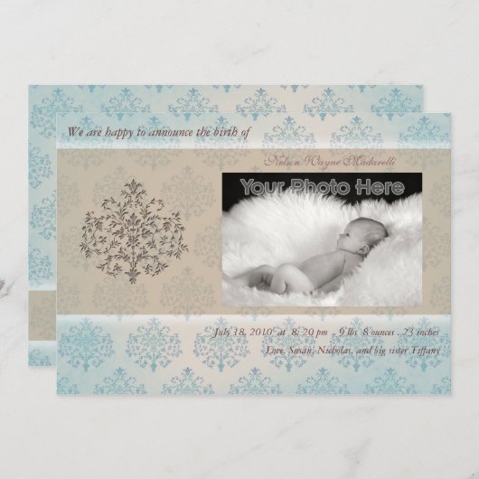 青い木の男の赤ちゃんの誕生の発表 案内状 (正面/裏面)