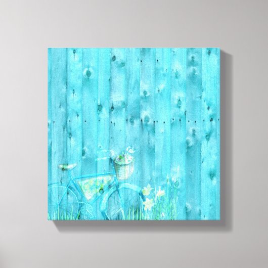 青い木の背景に見すぼらしいシックな自転車 キャンバスプリント (正面)