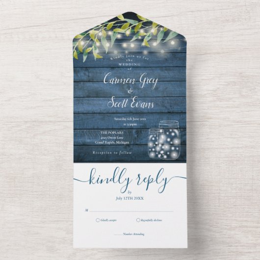 青い木の葉のストリングライト メイソンジャー ウェディング オールインワン招待状 (内側)
