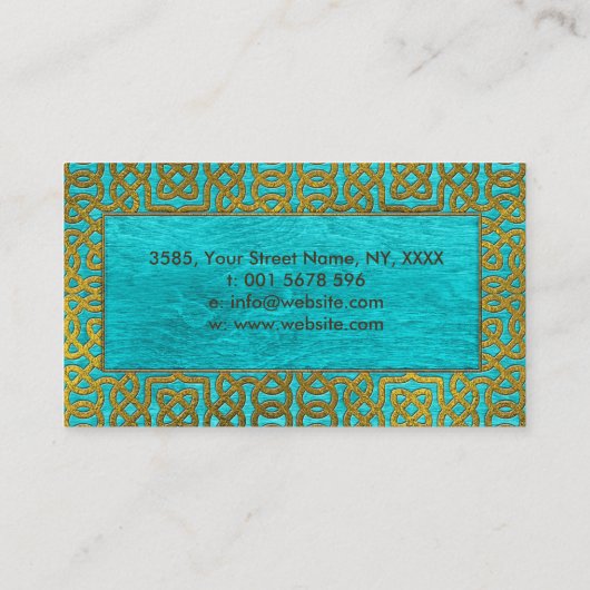 青い木の金エンボスのケルト族パターン 名刺 (裏面)