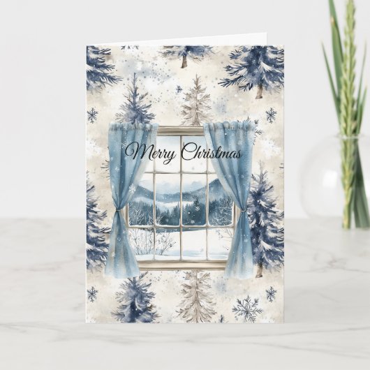 青い木の雪の結晶のクリスマス窓 カード (正面)