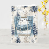 青い木の雪の結晶のクリスマス窓 カード (黄色い花)