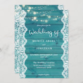 青い木材とレースとストリングライトのウェディング 招待状 (正面/裏面)